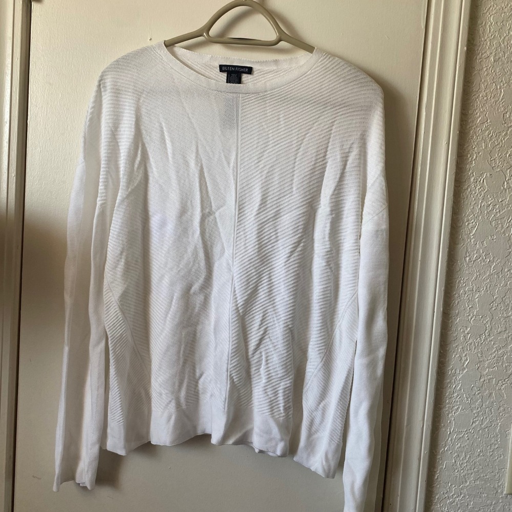 Eileen Fisher White Tencel Lyocell Ribbed Knit Long Sleeve Sweater
